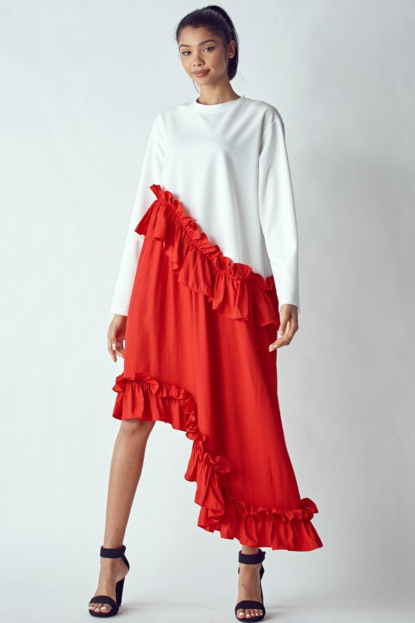 Asymmetric Colorblock Ruffled Dress- Pack of 4