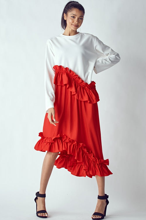 Asymmetric Colorblock Ruffled Dress- Pack of 4