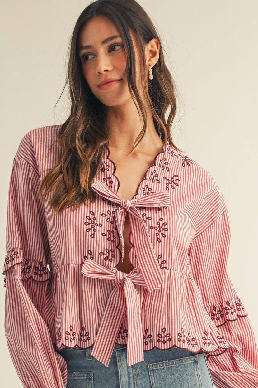 Embroidered Lace Stripe With Stripe Bow Blouse - Pack of 6