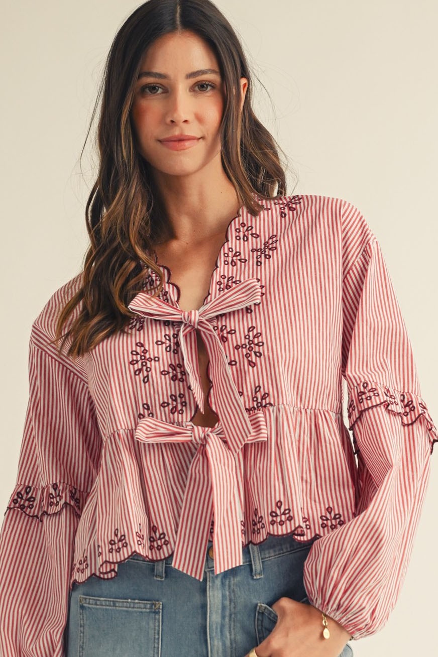 Embroidered Lace Stripe With Stripe Bow Blouse - Pack of 6