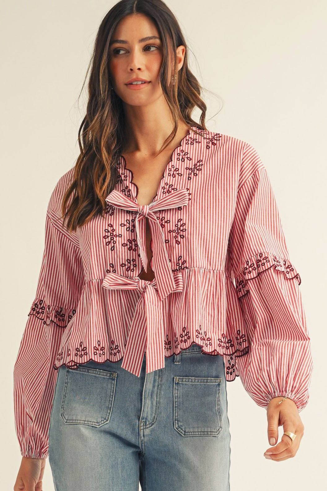 Embroidered Lace Stripe With Stripe Bow Blouse - Pack of 6