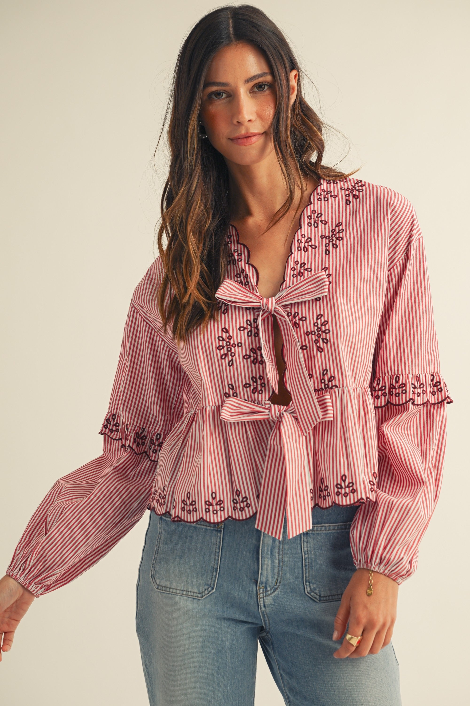 Embroidered Lace Stripe With Stripe Bow Blouse - Pack of 6